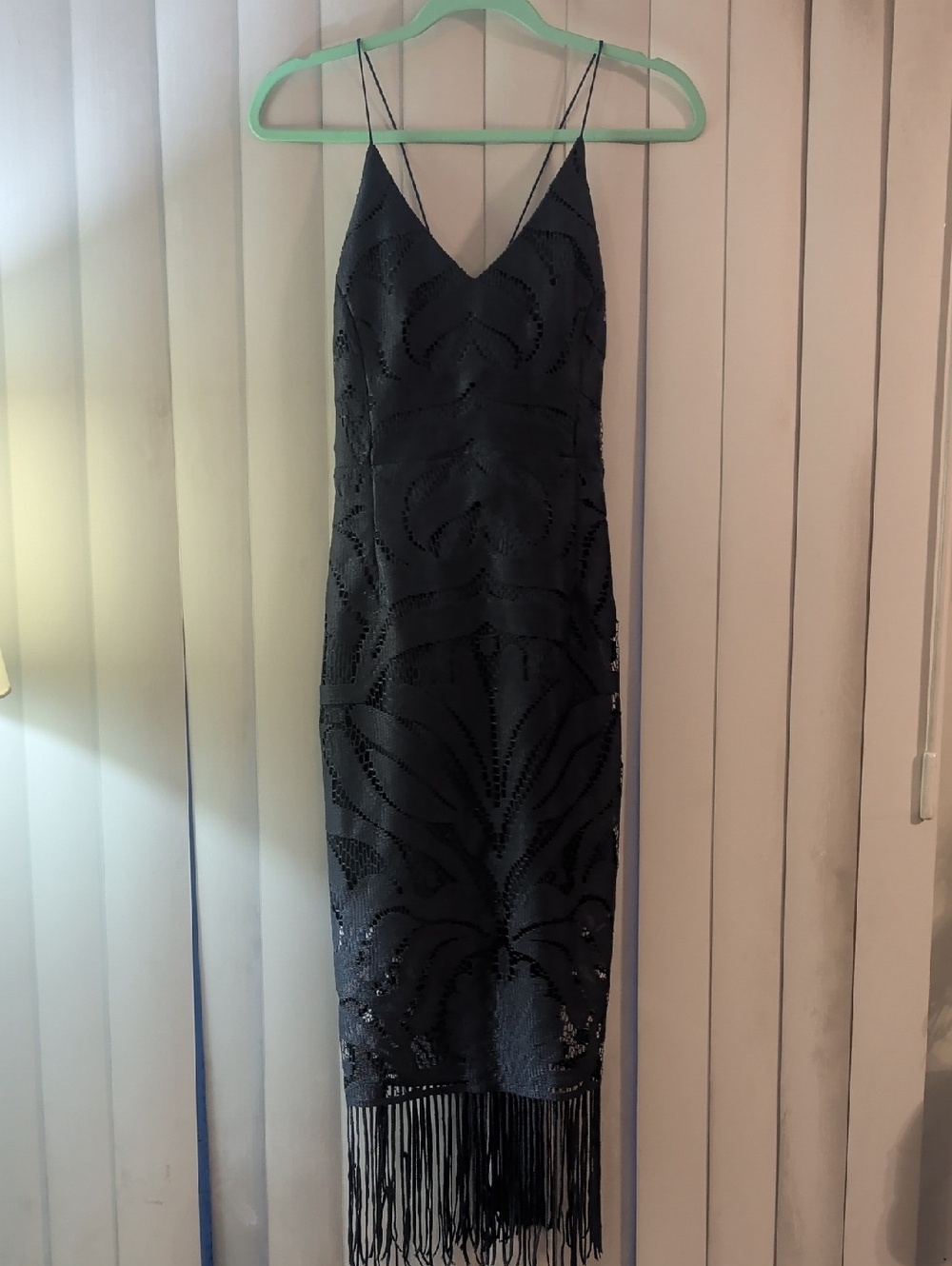 Navy Blue Fringe Slip Dress Women With  Lace Up Back Size 8